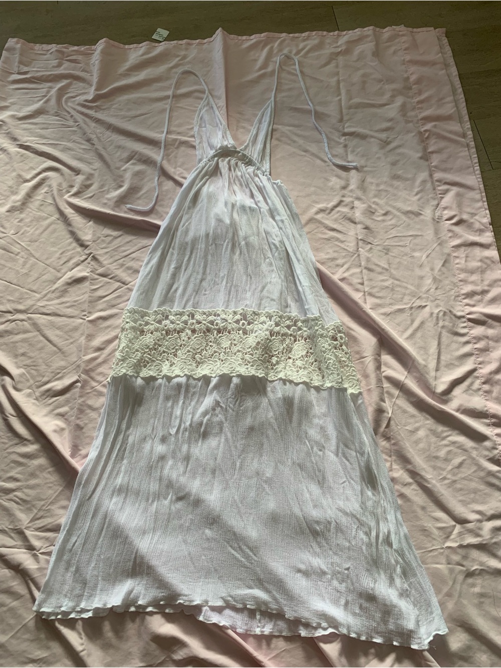 White Backless Lace-Trim Halter Dress